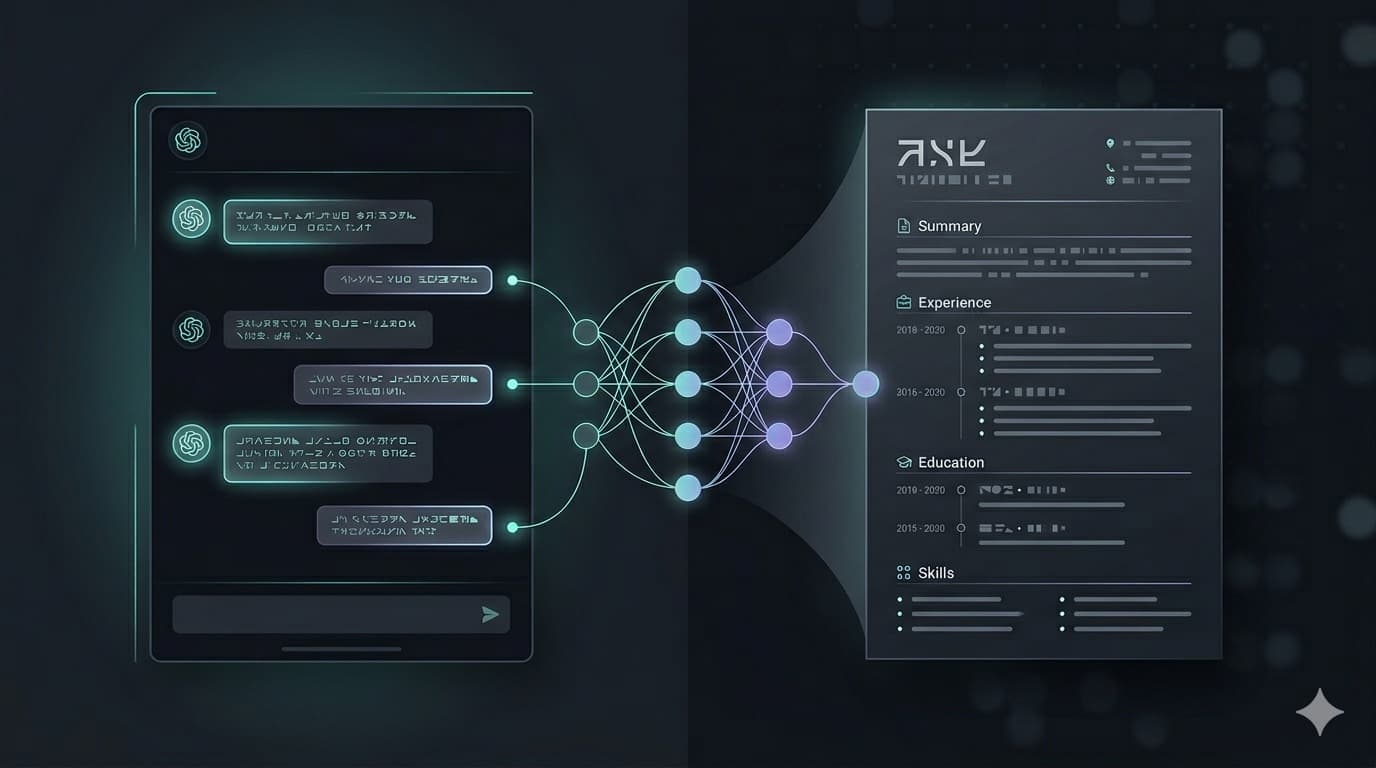 AI-powered resume builder interface showing a CV being optimized with artificial intelligence