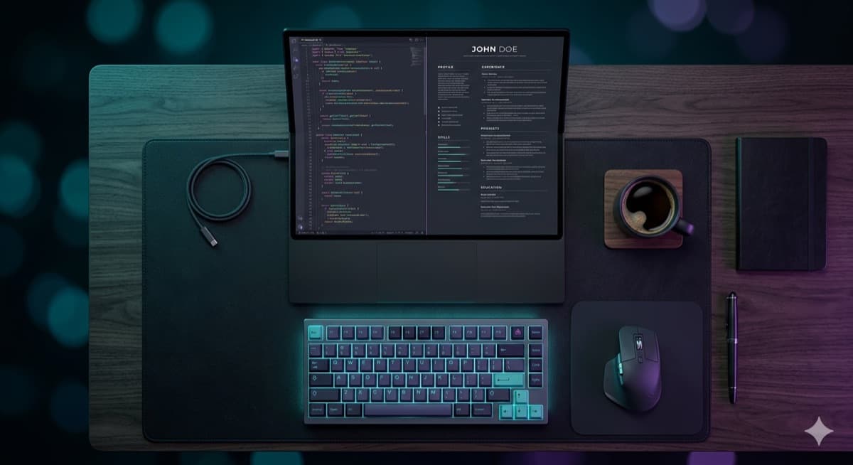 Développeur web analysant son CV sur un écran avec des indicateurs de score ATS et une liste de compétences techniques